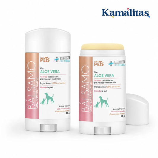 Bálsamo en barra Medical Solutions con aloe vera de 50 g para perros y gatos, mostrado abierto y cerrado.