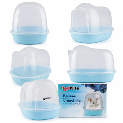 Bañera para chinchilla RedKite color azul con tapa transparente y puerta abatible, mostrada desde diferentes ángulos para baño con polvo.