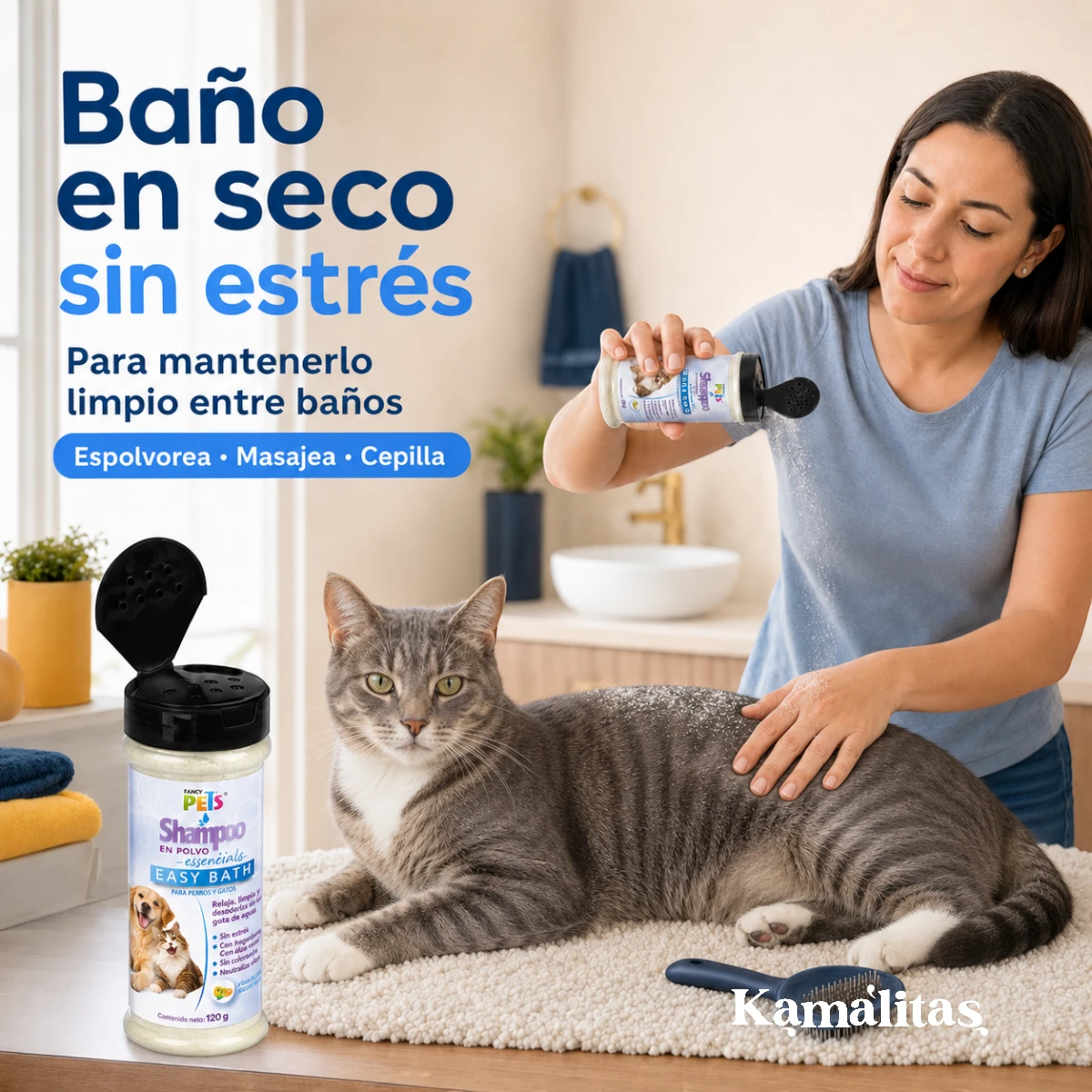 Tutora aplicando easy bath a un gato para mantenerlo limpio sin estrés