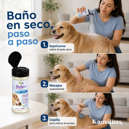 Tutora dando baño en seco a un perro caramelo con shampoo en polvo easy bath de fancy pets