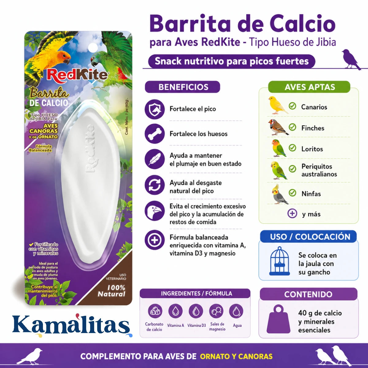 Infografía de Barrita de Calcio para Aves RedKite tipo hueso de jibia, complemento ideal para fortalecer pico, huesos y plumaje en canarios, finches, loritos, periquitos australianos y ninfas.