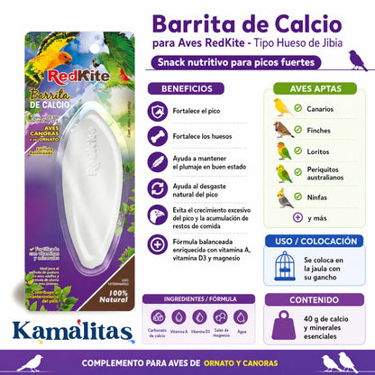 Infografía de Barrita de Calcio para Aves RedKite tipo hueso de jibia, complemento ideal para fortalecer pico, huesos y plumaje en canarios, finches, loritos, periquitos australianos y ninfas.