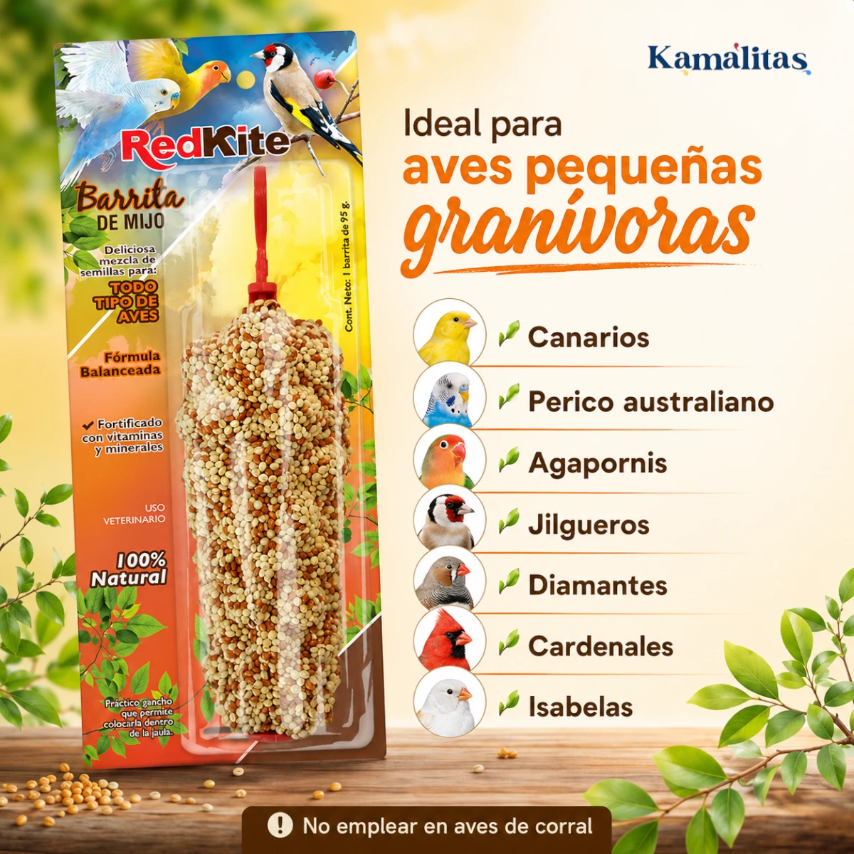 Barrita de mijo RedKite ideal para aves pequeñas granívoras como canarios, perico australiano, agapornis, jilgueros, diamantes, cardenales e isabelas.
