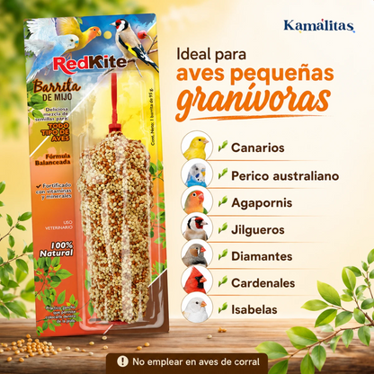 Barrita de mijo RedKite ideal para aves pequeñas granívoras como canarios, perico australiano, agapornis, jilgueros, diamantes, cardenales e isabelas.