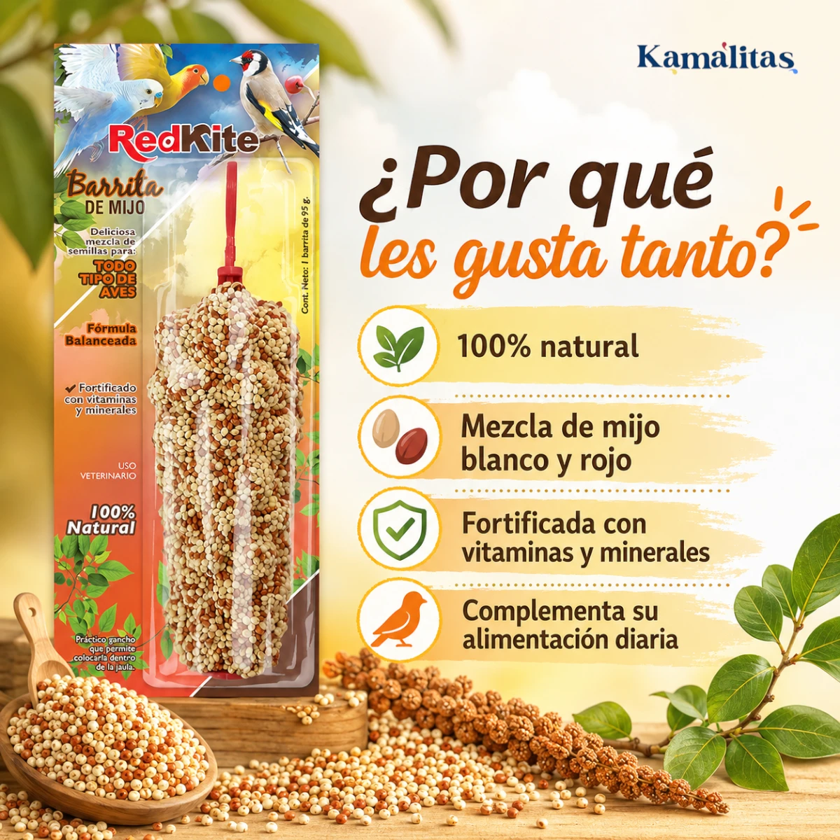Imagen informativa de la barrita de mijo RedKite con beneficios clave: 100 por ciento natural, mezcla de mijo blanco y rojo, vitaminas y minerales.