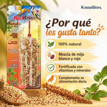 Imagen informativa de la barrita de mijo RedKite con beneficios clave: 100 por ciento natural, mezcla de mijo blanco y rojo, vitaminas y minerales.