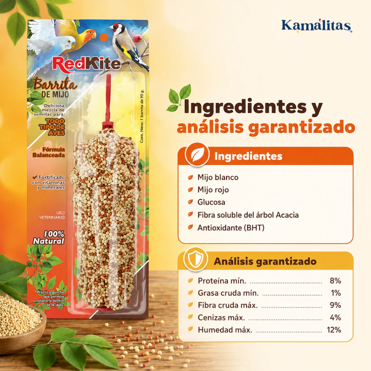 Imagen con ingredientes y análisis garantizado de la barrita de mijo RedKite para aves: mijo blanco, mijo rojo, glucosa, fibra soluble y antioxidante.