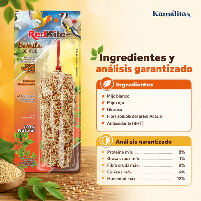 Imagen con ingredientes y análisis garantizado de la barrita de mijo RedKite para aves: mijo blanco, mijo rojo, glucosa, fibra soluble y antioxidante.