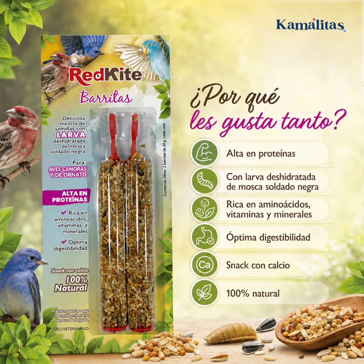 Imagen informativa de las barritas RedKite con beneficios clave: alta en proteínas, con larva deshidratada de mosca soldado negra, rica en aminoácidos, vitaminas y minerales, óptima digestibilidad, snack con calcio y 100 por ciento natural.