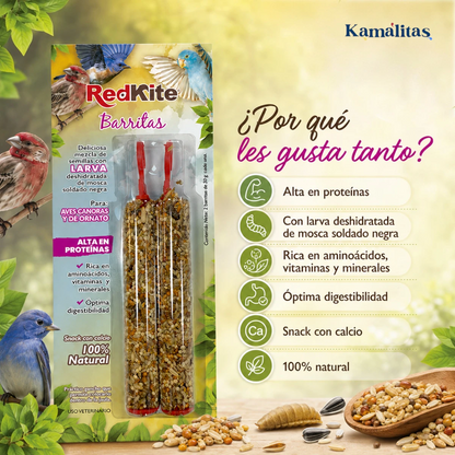 Imagen informativa de las barritas RedKite con beneficios clave: alta en proteínas, con larva deshidratada de mosca soldado negra, rica en aminoácidos, vitaminas y minerales, óptima digestibilidad, snack con calcio y 100 por ciento natural.