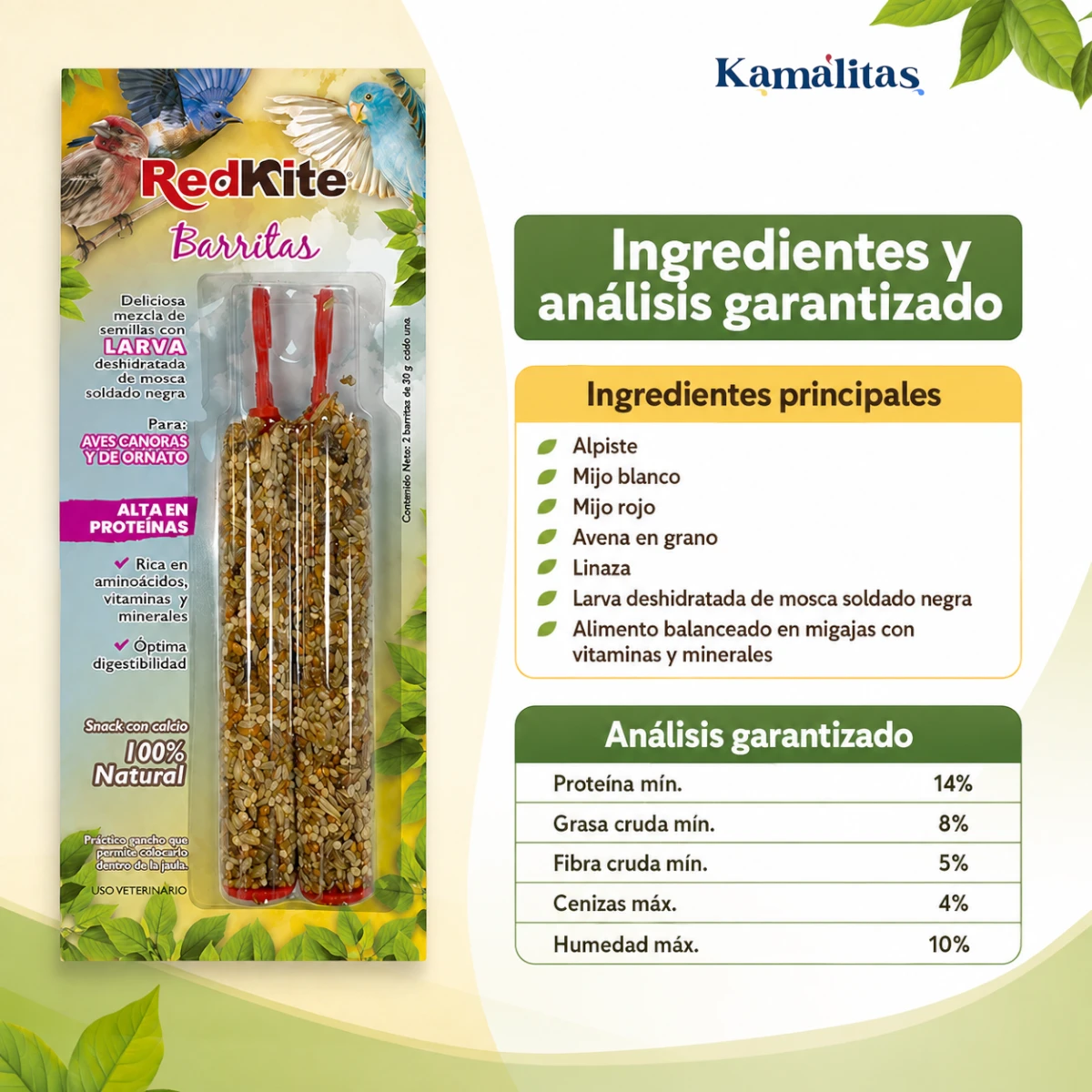 Imagen con ingredientes principales y análisis garantizado de las barritas RedKite para aves: alpiste, mijo blanco, mijo rojo, avena en grano, linaza, larva deshidratada de mosca soldado negra y alimento balanceado con vitaminas y minerales.