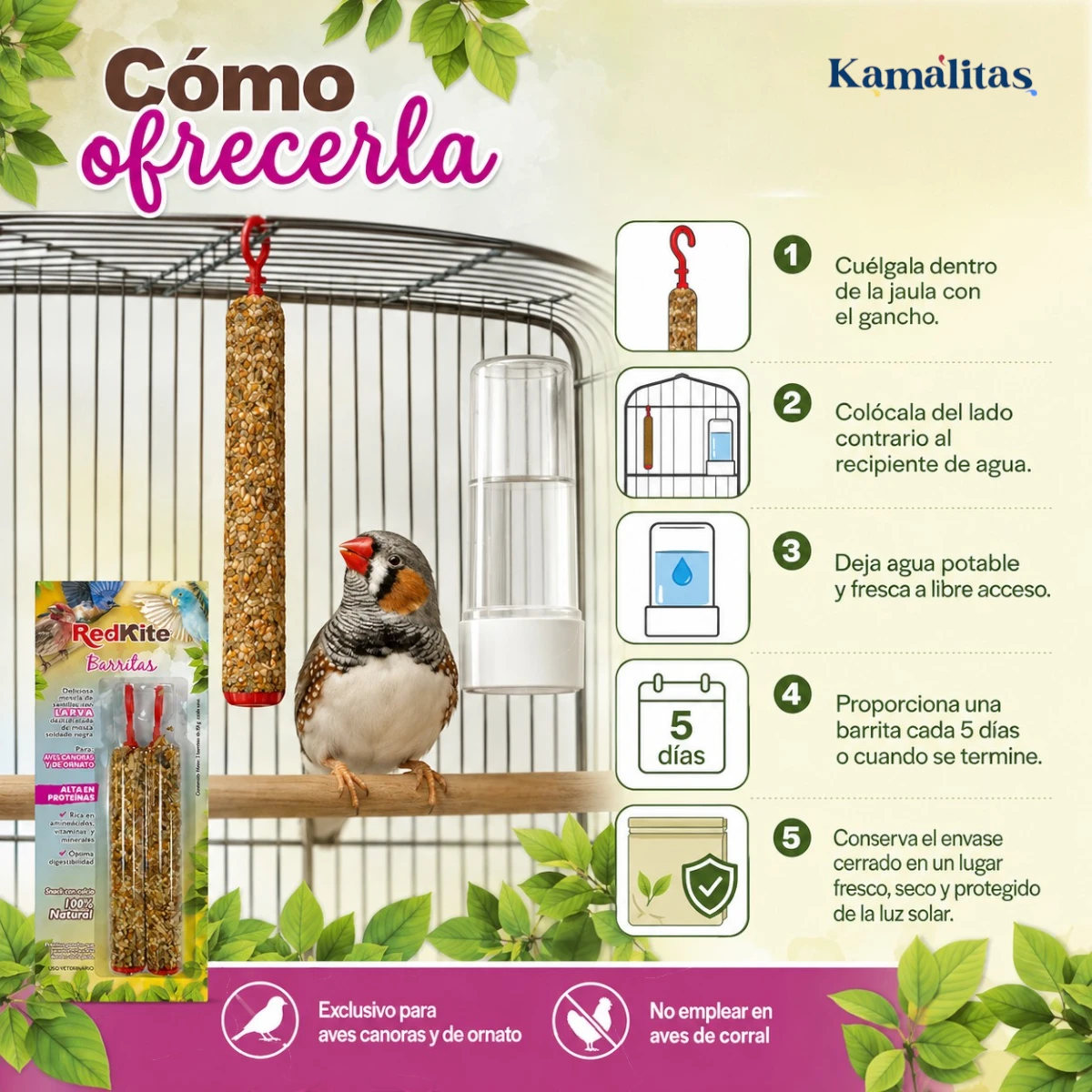 Guía visual sobre cómo ofrecer las barritas RedKite dentro de la jaula, dónde colocarlas, frecuencia de uso, acceso a agua fresca y conservación adecuada del producto.