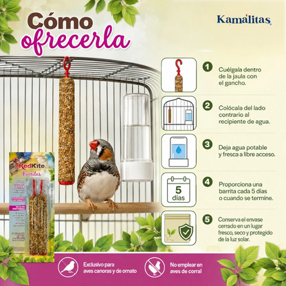 Guía visual sobre cómo ofrecer las barritas RedKite dentro de la jaula, dónde colocarlas, frecuencia de uso, acceso a agua fresca y conservación adecuada del producto.