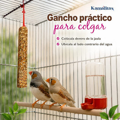 Barrita RedKite con práctico gancho para colgar dentro de la jaula, colocada al lado contrario del agua para aves canoras y de ornato.