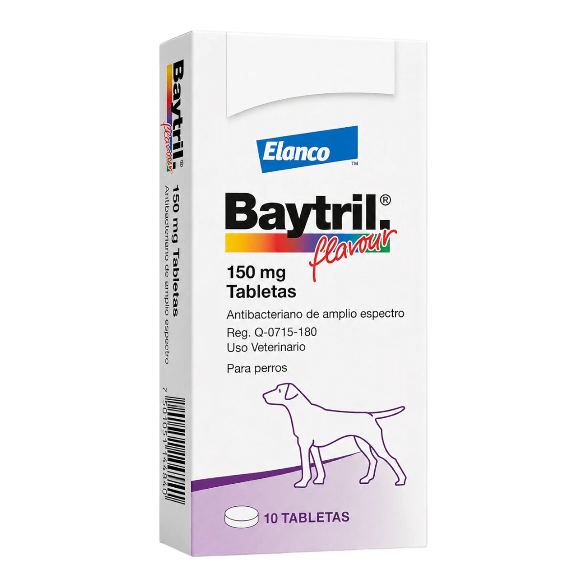 Caja original de Elanco en presentación de 150 mg con 10 tabletas, ideal para el tratamiento de enfermedades bacterianas y micoplasmas en perros de razas grandes.