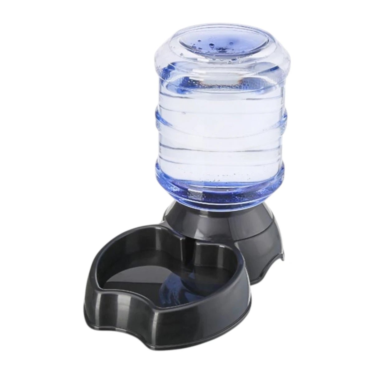 Bebedero automático por gravedad de 1.8 litros en color gris oscuro con garrafón transparente lleno de agua.