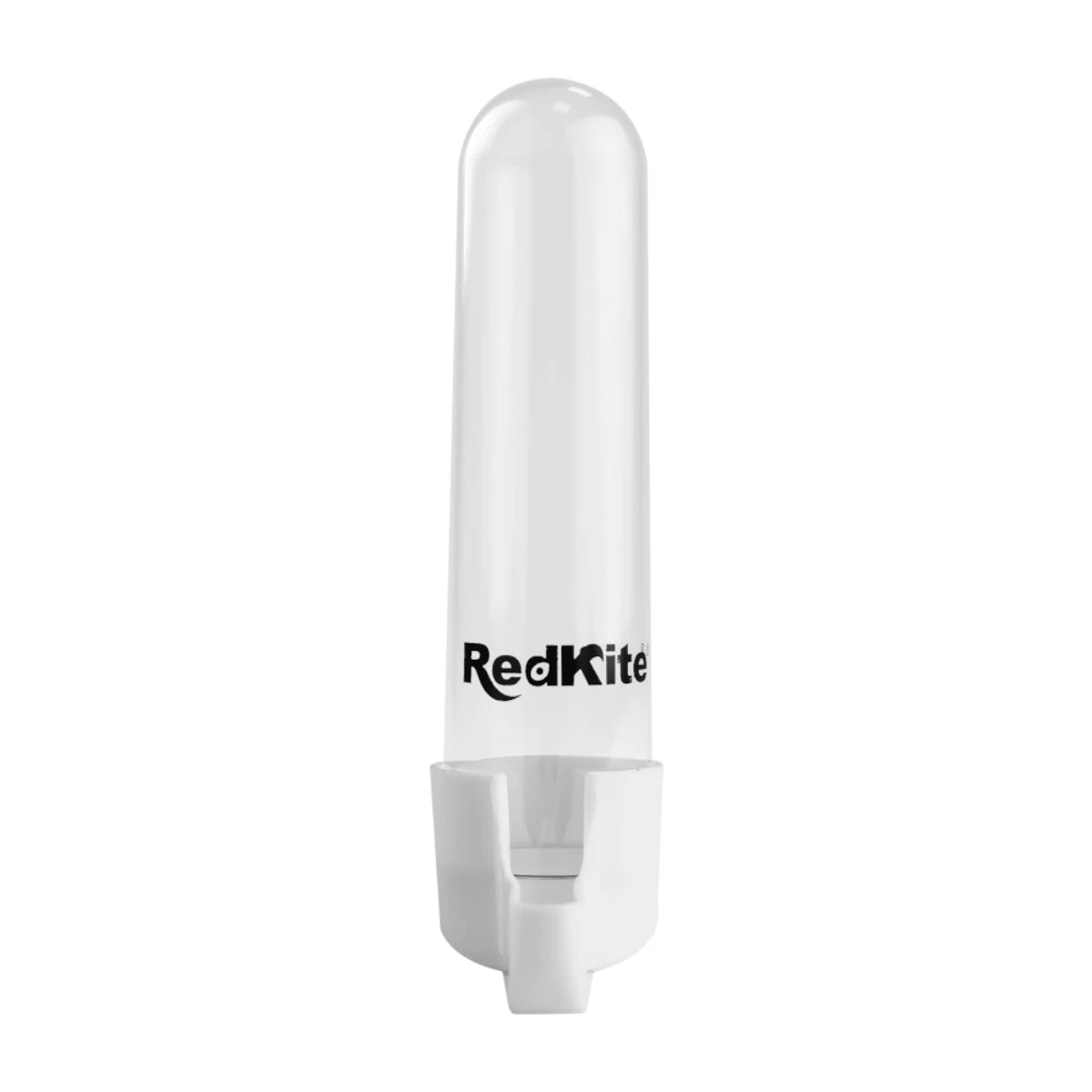 Bebedero de tubo transparente para aves marca RedKite con base blanca de plástico resistente vista de frente.