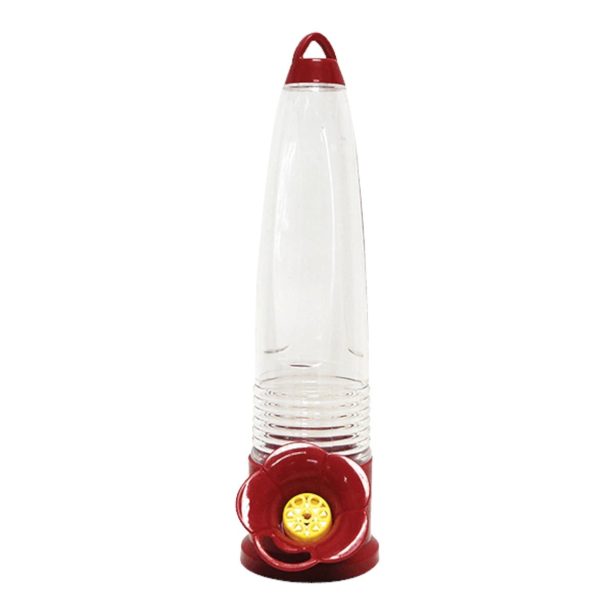 Bebedero para colibrí marca Redkite de 125ml con contenedor cilíndrico transparente y base roja en forma de flor, en Kamalitas.