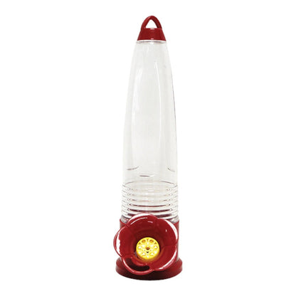 Bebedero para colibrí marca Redkite de 125ml con contenedor cilíndrico transparente y base roja en forma de flor, en Kamalitas.