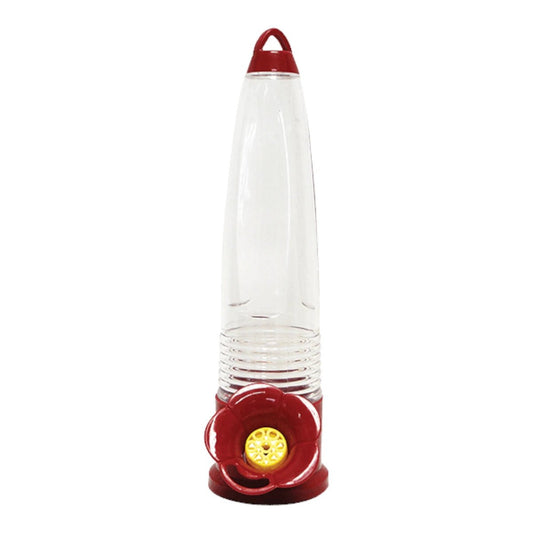 Bebedero para colibrí marca Redkite de 125ml con contenedor cilíndrico transparente y base roja en forma de flor, en Kamalitas.
