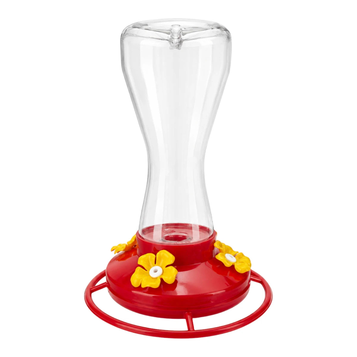 Vista frontal del bebedero para colibríes Redkite de 470 ml con contenedor de plástico transparente, base roja y estaciones en forma de flores amarillas, en Kamalitas.