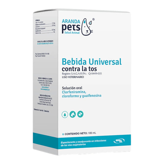 Frasco de Bebida Universal Contra la Tos, antitusivo y expectorante para bovinos, equinos, porcinos, ovinos y perros, con guaifenesina, cloroformo y clorfenamina.