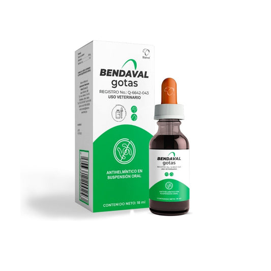 Caja y frasco gotero de Bendaval Halvet, suspensión oral antiparasitaria con Albendazol para tratamiento veterinario en perros y gatos.