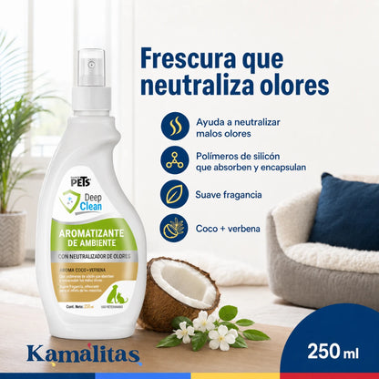 Infografía de beneficios del aromatizante Deep Clean que neutraliza malos olores y libera una fragancia coco verbena.