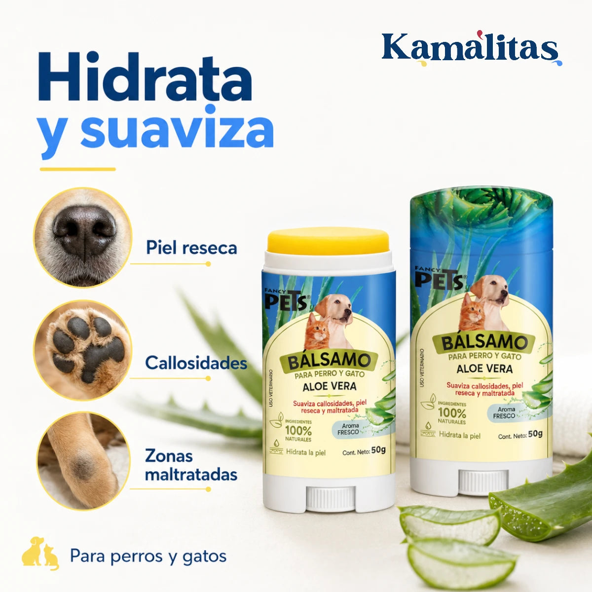 Beneficios del bálsamo Fancy Pets que ayuda a hidratar y suavizar callosidades y piel reseca de perros y gatos.