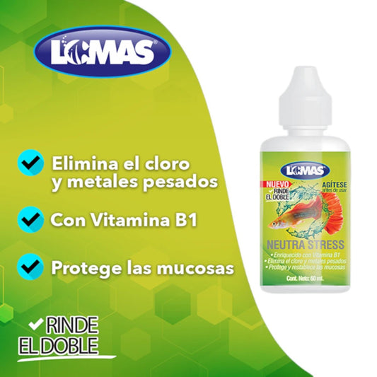 Infografía de Neutra Stress resaltando que elimina cloro, contiene Vitamina B1 y protege las mucosas de los peces.