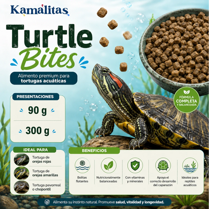 Guía de beneficios de Turtle Bites que detalla las presentaciones de 90g y 300g e indica que es ideal para tortugas pavorreal, chopontiles y de orejas amarillas o rojas.