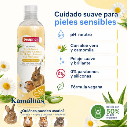 Beneficios del Shampoo Beaphar para conejos, cuyos, cobayas y roedores: pH neutro, aloe vera, camomila, fórmula vegana y sin parabenos ni siliconas