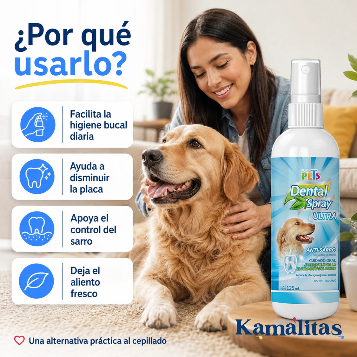 Spray dental para perros que facilita el cuidado bucal diario y ofrece una alternativa práctica al cepillado.