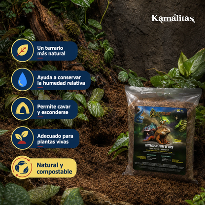 Beneficios del sustrato de coco Reptilia para conservar la humedad, permitir excavar y mantener plantas vivas.