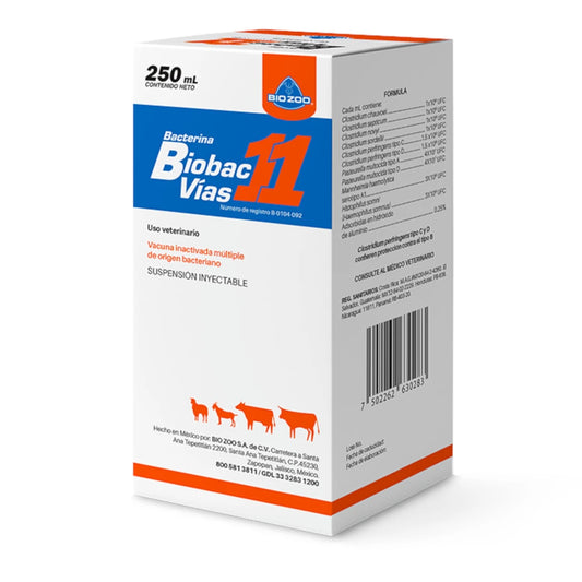 Caja de Biobac 11 Vías, bacterina inactivada para prevención de enfermedades clostridiales y respiratorias en bovinos, ovinos y caprinos.