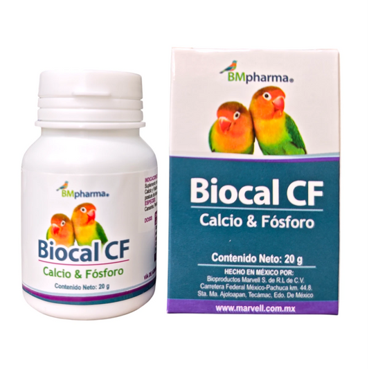 Caja y frasco de BIOCAL CF de 20 g, suplemento mineral de calcio y fósforo para aves de ornato en etapa de cría y crecimiento.