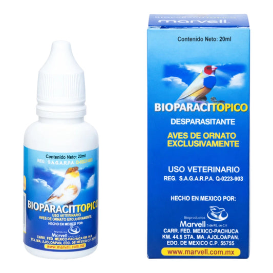 Caja de Bioparacit Tópico de 20ml, desparasitante externo e interno con ivermectina para tratamiento de ácaros en aves de ornato.