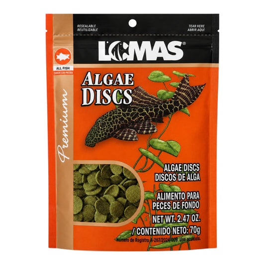 Bolsa resellable de 70g de alimento para peces de fondo Lomas Algae Discs, ideal para la nutrición diaria de plecos y limpiavidrios.