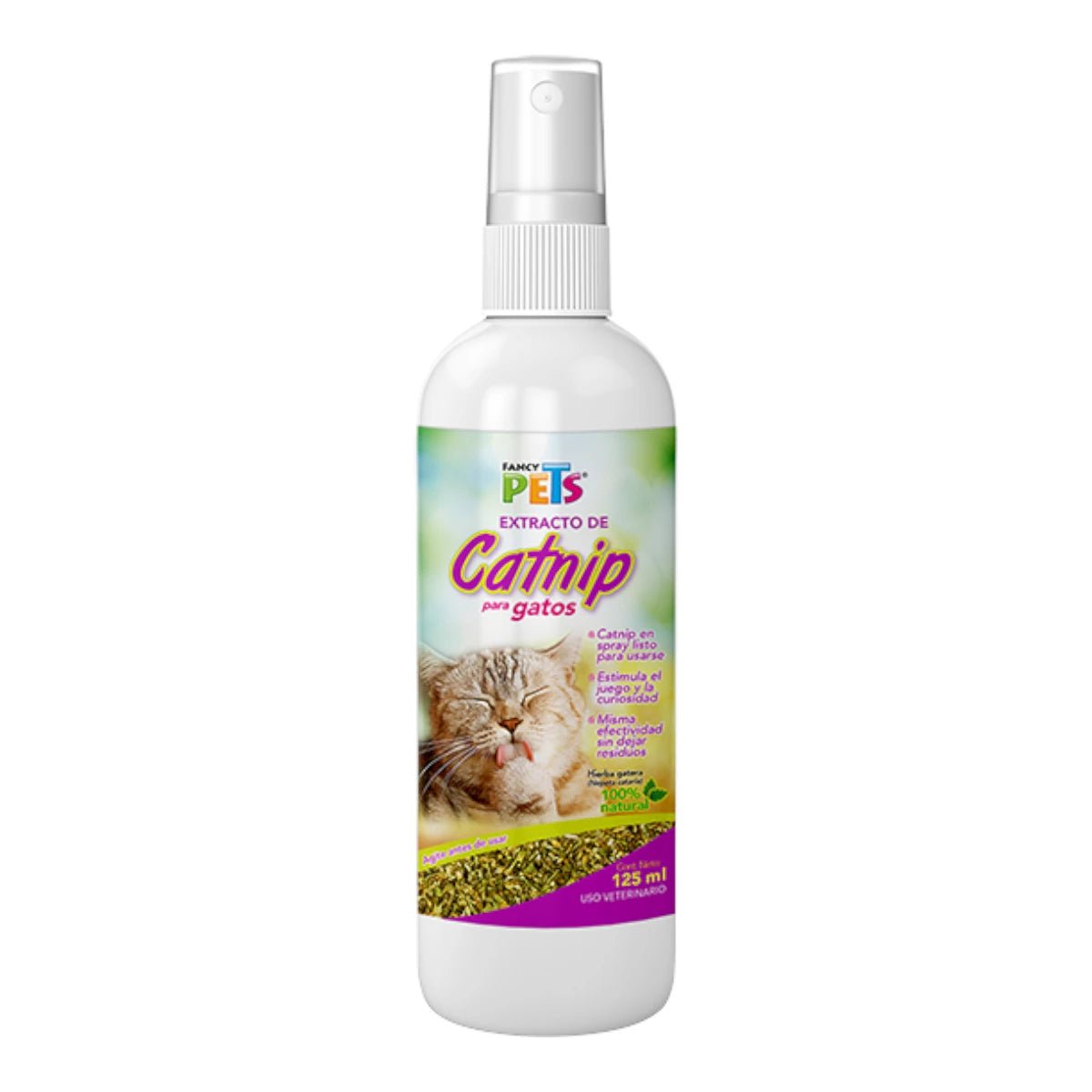 Bote de 125ml de extracto de Catnip en spray para gatos de la marca Fancy Pets, listo para usar y sin dejar residuos, en Kamalitas.