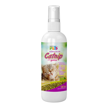 Bote de 125ml de extracto de Catnip en spray para gatos de la marca Fancy Pets, listo para usar y sin dejar residuos, en Kamalitas.