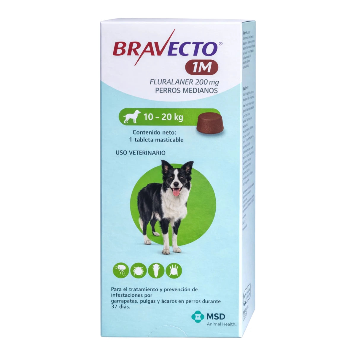 Caja de Bravecto 1M para perros de 10 a 20 kg, desparasitante oral mensual con fluralaner micronizado.