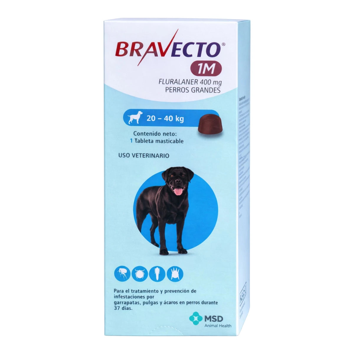 Presentación de Bravecto 1M para perros de 20 a 40 kg, solución oral mensual para el tratamiento de infestaciones por garrapatas y pulgas.