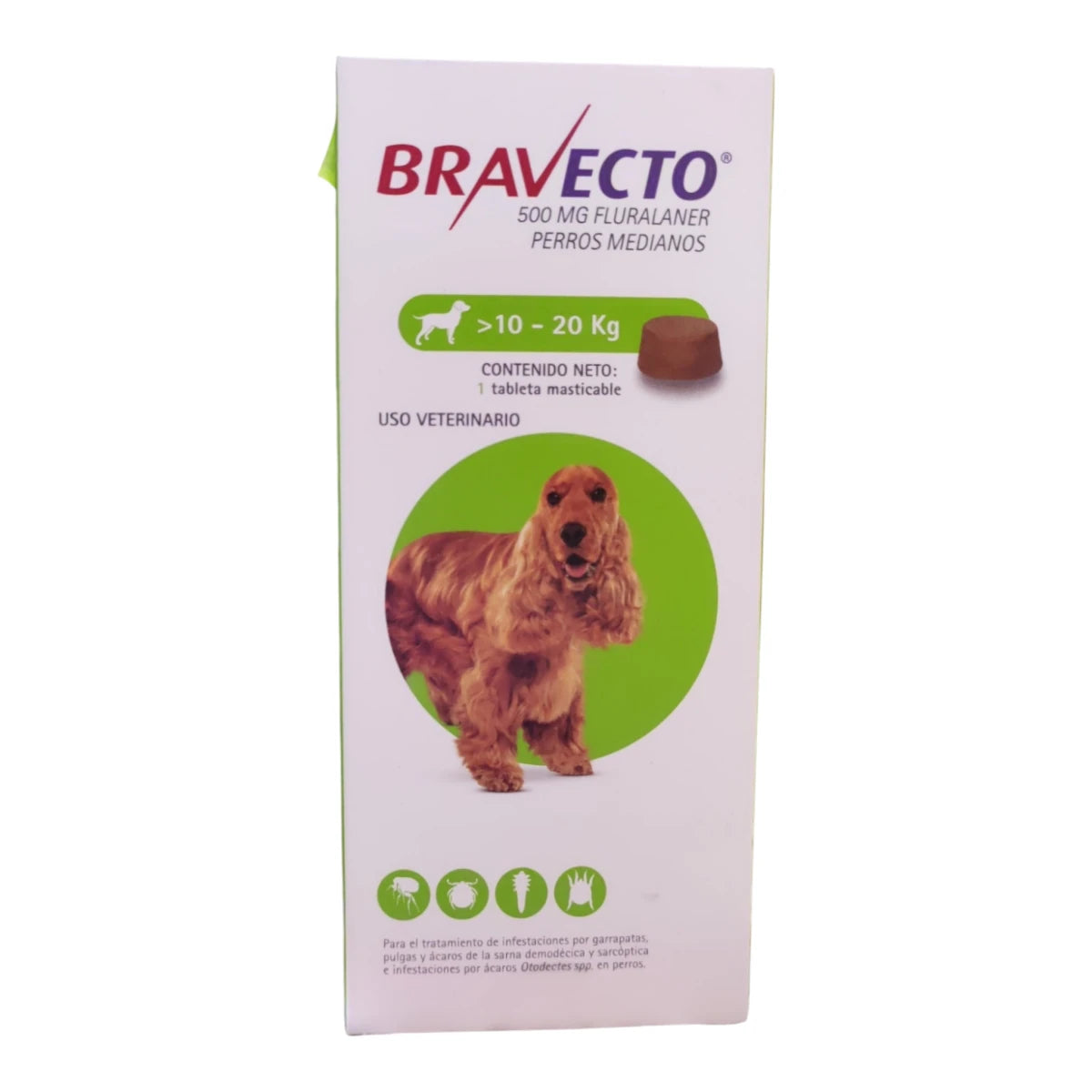 Caja de Bravecto para perros de 10 a 20 kg, tratamiento oral de 500 mg de fluralaner para el control de pulgas y garrapatas.