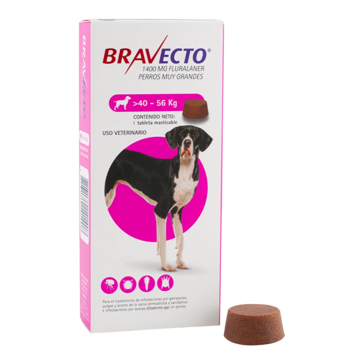 Caja de Bravecto para perros de 40 a 56 kg, tratamiento trimestral con 1400 mg de fluralaner para el control de ectoparásitos.