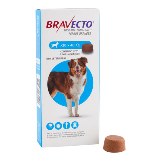 Presentación de Bravecto para perros de 20 a 40 kg, masticable de 1000 mg de fluralaner para desparasitación externa prolongada.