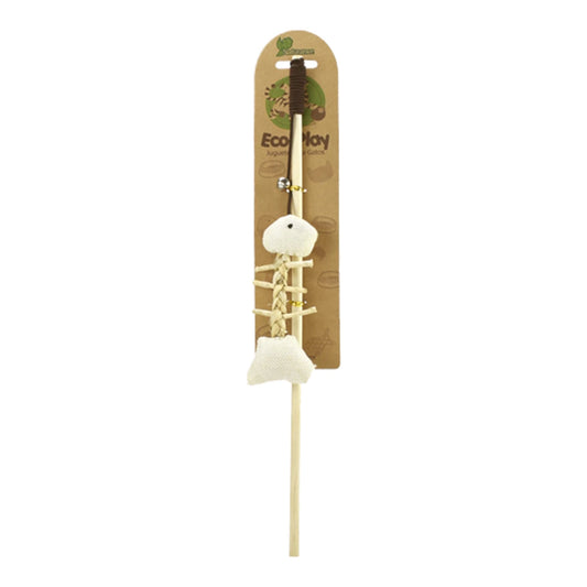 Juguete interactivo para gato Naturance con vara de madera y señuelo de pescado en materiales textiles naturales.