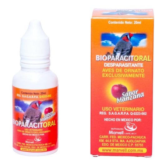 Frasco de Bioparacit Oral de 20 ml para aves de ornato, desparasitante con ivermectina sabor manzana para control de ácaros y piojos.