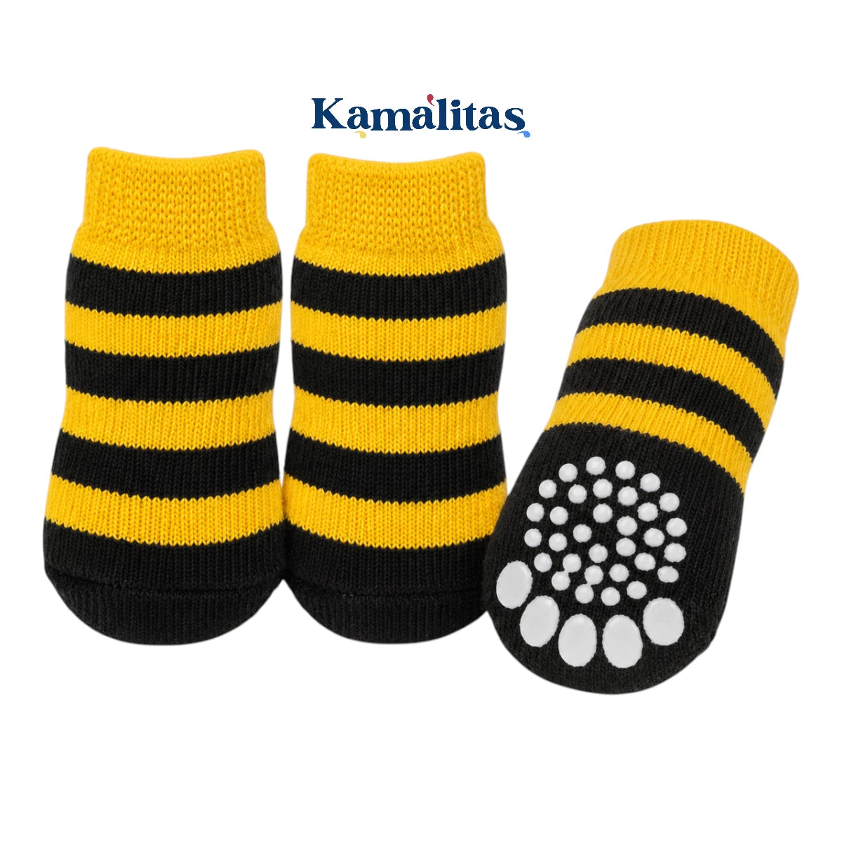 Calcetines para mascotas amarillo con negro tipo abeja, con material suave y huellas de gel antideslizante para evitar resbalones en pisos lisos