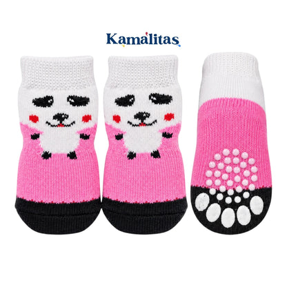 Calcetines para mascotas con diseño de perrito en blanco y rosa, suaves, elásticos y con gel antideslizante para perros pequeños, medianos y gatos