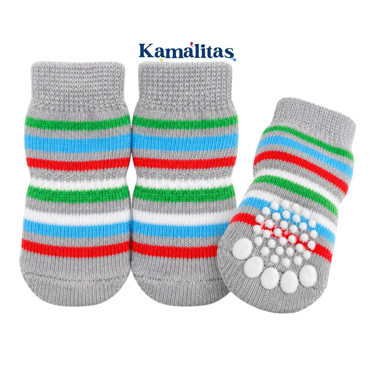Calcetines para mascotas color gris con rayas de colores, ideales para perros pequeños, medianos y gatos que necesitan mayor tracción al caminar